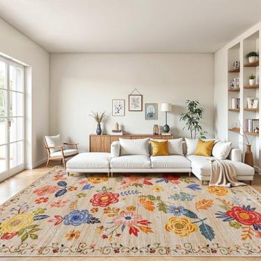 Imagem de RIMAYA Tapete de área lavável à máquina de 2,4 x 3 m, 305 x 243,8 cm, tapetes ultramacios, com suporte antiderrapante e encadernação de borda durável, tapete floral fofo para sala de estar, quarto