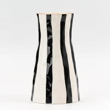 Imagem de SIDUCAL Elegante vaso de cerâmica listrado preto e branco – Vaso de flores moderno para sala de estar, escritório, sala de jantar, prateleira, entrada, casamento, mesa