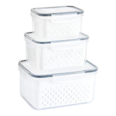 Imagem de Kit 3 Potes Organizadores Geladeira Cesto Escorredor Hermético Empilhável Transparente Conserva Salada Frutas Legumes