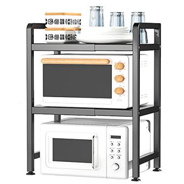 Imagem de Suporte expansível para forno de micro-ondas com 6 ganchos, organizador de prateleira de cozinha de 3 camadas, altura ajustável de 5 cm, preto (16-25×15×31 polegadas)