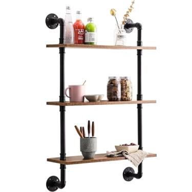 Imagem de pcagfaajmh Prateleira de parede de madeira para especiarias de 3 camadas com suporte de metal, prateleiras flutuantes, organizador de armazenamento para sala de estar e quarto (100 x 25 x 100 cm) ()