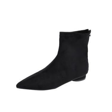 Imagem de Botas femininas modernas, casuais, versáteis, lisas, bico fino, estilo britânico, salto baixo, camurça flocada, Preto, 36