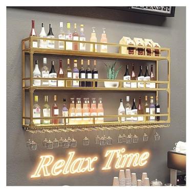 Imagem de Rack de vinho de metal montado na parede, grande rack de vinho resistente com LED, suporte de vidro para garrafa embaixo da prateleira, cálice de metal longo para bar de restaurante doméstico (ouro
