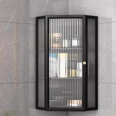 Imagem de Armários de banheiro montados na parede, armários de farmácia triangular com portas de vidro, soluções de armazenamento de 3 a 4 prateleiras para banheiro e cozinha, armário de exibição que economiza