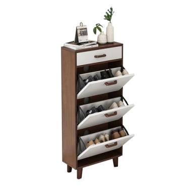 Imagem de Armário de sapatos de madeira com gavetas 3 portas dobráveis armário de sapatos independente armazenamento duplo pequeno espaço estreito armário de sapatos com prateleiras removíveis para entradas