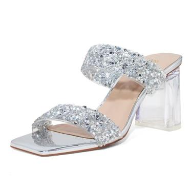 Imagem de GENSHUO Salto alto grosso para mulheres, moderno, confortável, sem cadarço, bico aberto, salto bloco, duas alças, frente única, mules, Prata com strass, 37