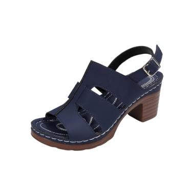 Imagem de Sandálias femininas de uma tira com bico redondo e salto grosso, um design versátil para conforto casual, Azul marino, 36