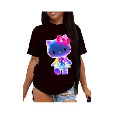 Imagem de Camiseta Gráfica Neon Glow Hello Kitty Para Adolescentes, Casual De Ve