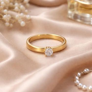 Imagem de Anel Solitário Noivado Zircônia Dourado Delicado em Aço Inox