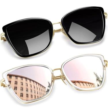 Imagem de Óculos de Sol Feminino Olho de Gato Joopin Vintage Armação de Metal Óculos Lente Espelhada Proteção UV 400 (Lente Cinza Preta + Lente Rosa)