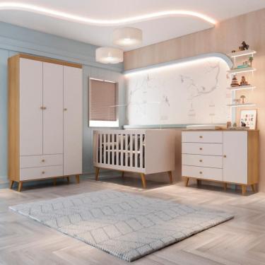 Imagem de Quarto Bebê Completo Retrô Lígia Berço Americano 3 em 1 Ludmila Cômoda Fraldário Guarda Roupa 3 Portas MDF Off Carolina Baby