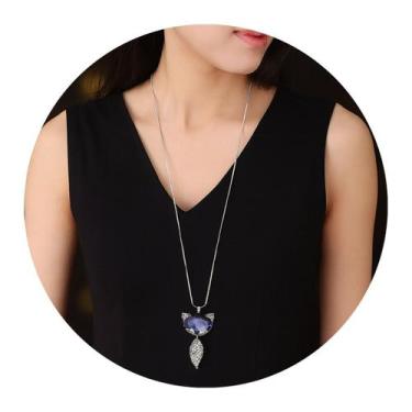 Imagem de Colar Longo Raposa Prata com Cristal Azul Feminino Luxo - - anjo da ma