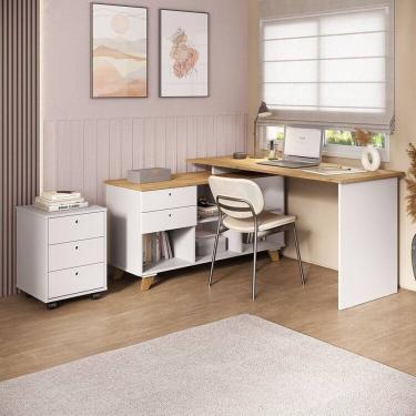 Imagem de Kit Home Office Completo Escrivaninha Mesa Escritório em L Gold com Gaveteiro Espresso Móveis Olmo/Branco
