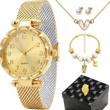 Imagem de Relogio Banhado Aço Feminino Inox + Caixa dourado 18k original analogi