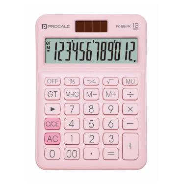 Imagem de Calculadora de Mesa Procalc PC108-PK Visor Inclinado 12 Dígitos Dupla Alimentacao Bateria LR44 Rosa