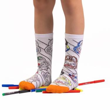 Imagem de Meia Para Colorir Pintar Infantil Divertidas Personalizar + Kit 6 Cane