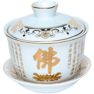 Imagem de PAYNAN Copo de chá de cerâmica com coração de Buda de 9,8 cm, xícara de chá para casa, budismo e riqueza de Deus