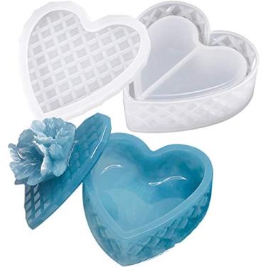 Imagem de FUNSHOWCASE Caixa de bugigangas de coração facetada molde de silicone de resina com tampa para cimento de concreto de argila de polímero epóxi, estojo de armazenamento de joias faça-você-mesmo, castiçal, cinzeiro 8 x 7,8 x 2,5 cm
