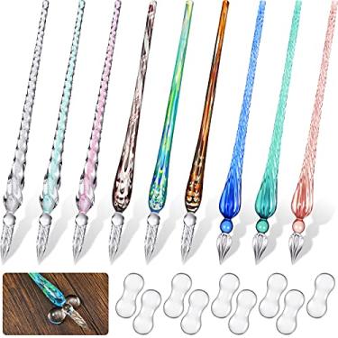 Imagem de Outus 9 peças de caneta de vidro feito à mão com assinatura de vidro borossilicato de cristal vintage com 9 peças de suporte de caneta para escrever, desenhar, caligrafia (cor fresca)
