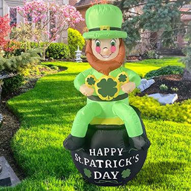 Imagem de Yajun Modelo inflável luminoso dia de São Patrício duende sentado com luzes LED pátio ao ar livre jardim festa decoração de jardim, verde, 1,8 m