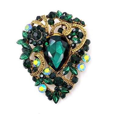 Imagem de Laxpicol broche feminino vintage austríaco cristal elegante flor lágrima tom dourado Verde