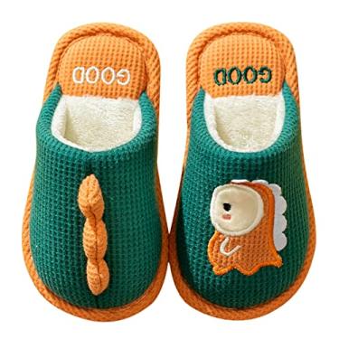 Imagem de Chinelos felpudos para crianças sapatos infantis chinelos de casa quarto chinelos de dinossauro de algodão (verde, 3,5-4 anos)
