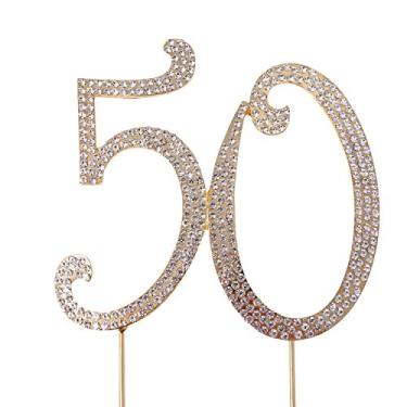 Imagem de HONBAY 50 topos de bolo premium de cristal brilhante strass decoração de bolo para aniversário de 50 anos ou festa de aniversário de bolo-toper-50-ouro