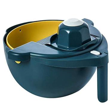 Imagem de cortador de mandolina, cortador de frutas veggie multifuncional para cozinha ralador cortador de vegetais rotativo conjuntos de tigela de drenagem, protetor de mão e descascador de vegetais, cenoura, pepino, azul