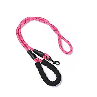 Imagem de Guia para cachorro reflexiva animal de estimação do tecer de náilon à prova de explosão lixiviação para cães médios e grandes punho durável confortável wlaking lead rope (rosa)