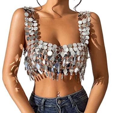 Imagem de Fancyes Top cropped com lantejoulas e frente única Y2K conjunto de corrente ajustável sutiã feminino top camisola camisola Cami para festa de dança Halloween, Forma Quadrilátera