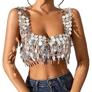 Imagem de Top cropped com lantejoulas e frente única Bralette Roupa de dança Roupa brilhante Y2K Sutiã Camisola Cami Top para festa de clube Rave Dia, forma de gota