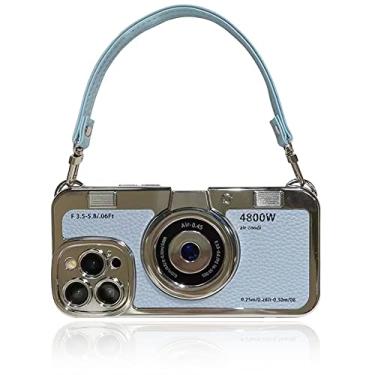Imagem de QoKcoahn Capa de telefone com câmera vintage 3D com alça de mão - Capa protetora transversal à prova de choque de policarbonato de silicone legal exclusiva para iPhone 13 Pro-azul