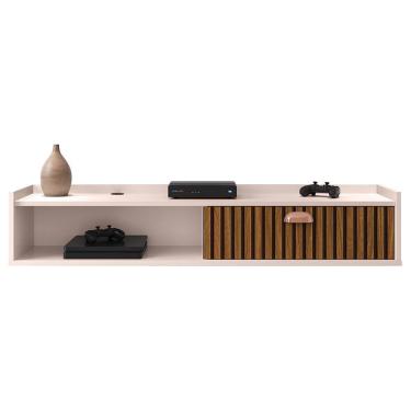 Imagem de Rack Suspenso Tv 1.20 Home Decor 1 Portas Puxador Concha Nicho Decorativo Organizador Sala Quarto - Off White/Ripado - RPM Móveis