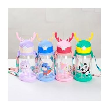 Imagem de Garrafa D'agua Alce Infantil Portátil Canudo Tampa com Chifres Alça ajustavél Desenhos Divertidos Multicoloridos(ELETROMIX)
