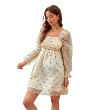 Imagem de Camisa Feminina Ditsy Floral Print Flare Sleeve Mesh Overlay Dress (Color : Multicolor, Size : XL)