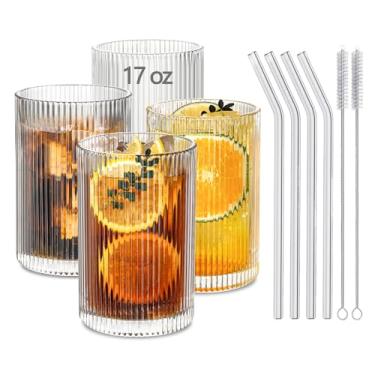 Imagem de INSETLAN Conjunto de 481 ml copos de vidro canelados, conjunto de copos vintage grandes, copos de coquetel estilo origami, ideal para cerveja, suco, água, xícara de café gelado, uísque