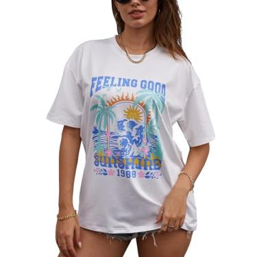 Imagem de VENTELAN Camisetas femininas estampadas de verão com estampa de letras meia manga solta casual gola redonda, Branco-sol, P