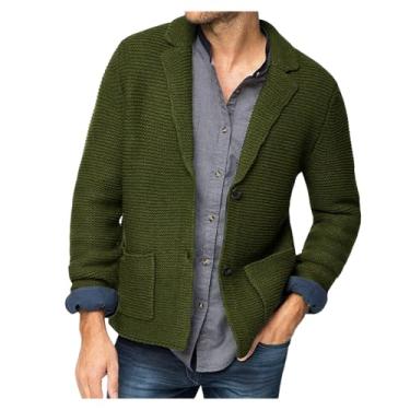 Imagem de Suéter masculino de malha com gola de lapela cardigã cor sólida suéter de botão manga longa casual, Verde militar, XG