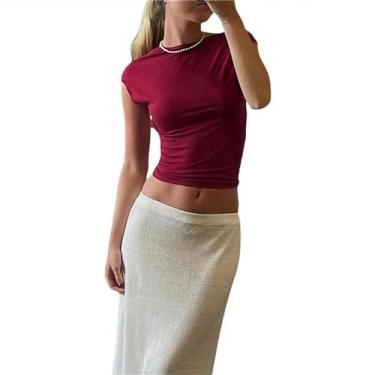 Imagem de Letuwj Camiseta feminina sexy frente única manga curta cor sólida para frente e para trás, Vinho tinto, G