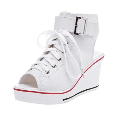 Imagem de OCHENTA Tênis feminino moderno de lona Peep Toe com salto plataforma, Branco, 39