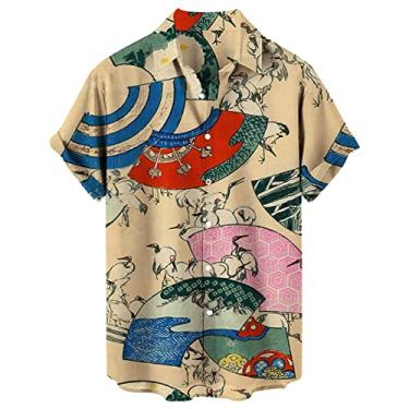 Imagem de Camiseta masculina casual solta com estampa de lapela manga curta abotoada estilo porto floral praia areia masculina manga longa, Bege, GG
