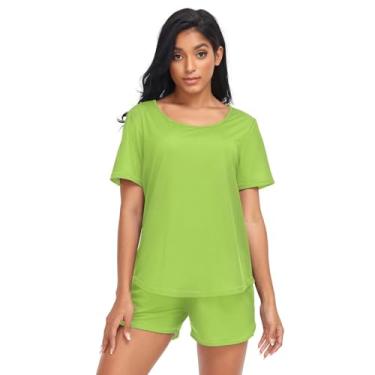 Imagem de CHIFIGNO Conjunto de pijama feminino, conjunto de duas peças, conjunto de pijama de manga curta, conjunto de pijama para mulheres, conjunto de shorts P-2GG, Amarelo, verde, G