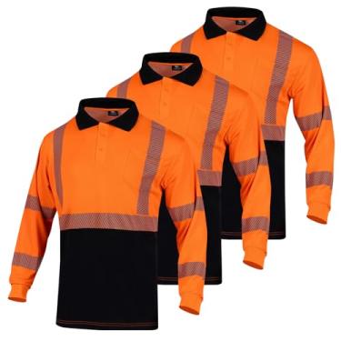 Imagem de VENDACE 3 peças de camisas polo refletivas de manga comprida Hi Vis para homens ANSI Classe 3 camisetas de trabalho de alta visibilidade, Laranja, XXG