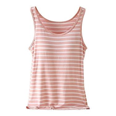 Imagem de Regata com sutiã embutido para o verão, listrado, estampado, básico, camiseta larga, elástica, colete atlético solto, rosa, M