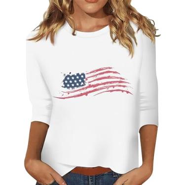 Imagem de Camiseta feminina com bandeira americana manga 3/4 do Dia da Independência, casual, patriótica, estilo túnica solta, Branco, G