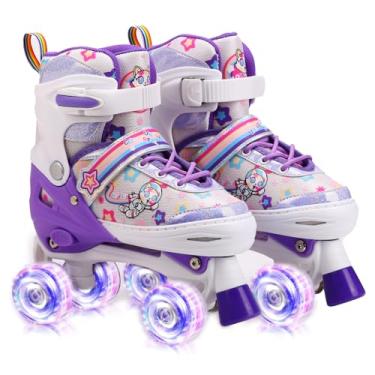 Imagem de Patins infantis ajustáveis para meninas de 3 a 12 anos, patins infantis ajustáveis em 4 tamanhos, com 4 rodas iluminadas, patins para iniciantes (roxo, P)