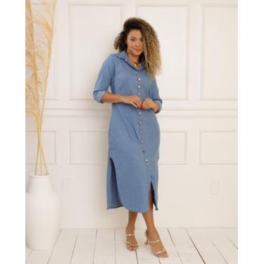 Imagem de Vestido Chemise Jeans com Manga Chamise Camisão Moda Feminina Slim e P