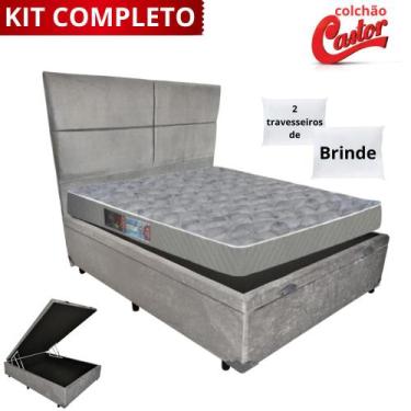 Imagem de Kit completo cama box baú cinza casal 138x188 + colchão castor d33 18c