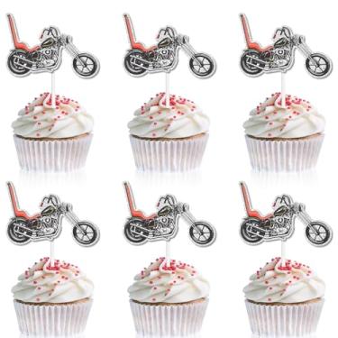 Imagem de 18pcs Cycling Motorcycle cupcake topper red glitter Harley motorcycle happy birthday scooter decoration, racing sports party, rider birthday party, motorcycle party decoration, is a great gift. (4)