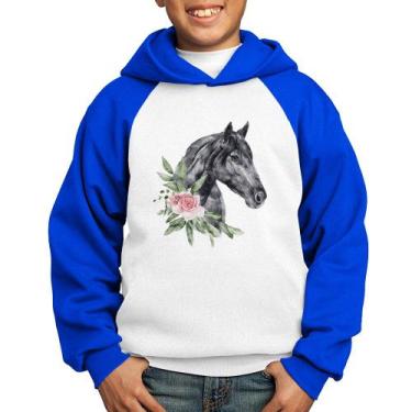 Imagem de Moletom Infantil Cavalo e Flores - Foca na Moda, Branco, Azul, 4